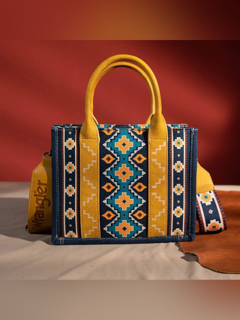 Wrangler Aztec Mustard Crossbody Canvas Tote Bag Satchel Purse Southwestern - Picture 11 of 13